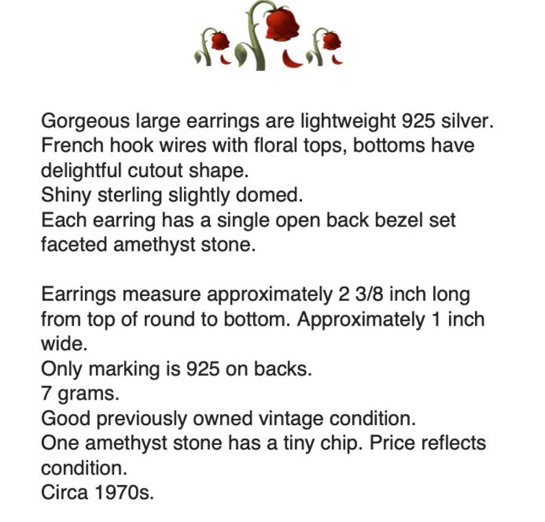Silver Floral Etched Dangles Bezel Set Amethyst Gemstone Pendant Earrings Long 925 Sterling Silver 1970s image 2