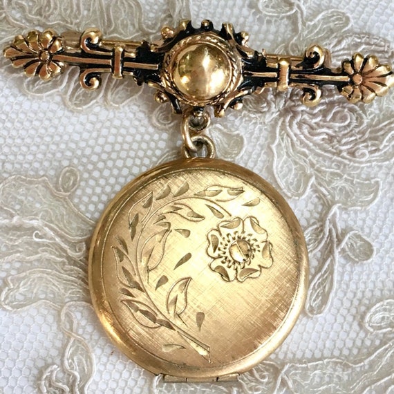 WINARD Gold Filled Locket Lapel Pin – Floral Etch… - image 1