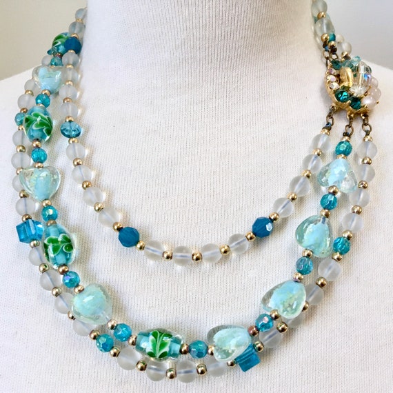 Teal Blue Art Glass Three Strand Necklace – Aqua … - image 1