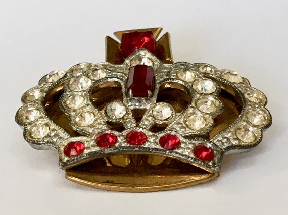 Art Deco Coronation Crown Brooch – Pot Metal & Br… - image 5
