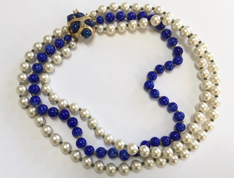 MARVELLA Faux Pearl & Lapis Bead Necklace Three Strands Etsy