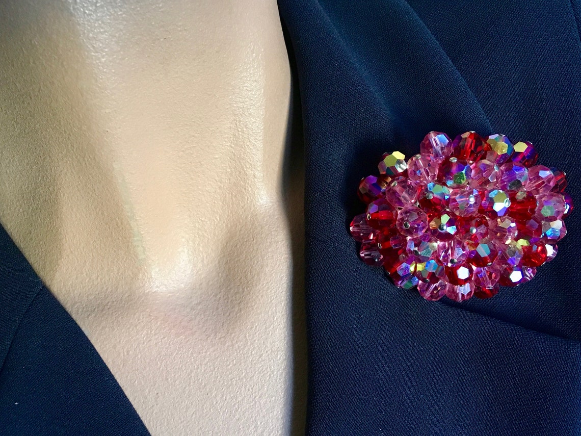 Raspberry Colored Crystals Vintage Brooch Earrings Cha Cha Etsy