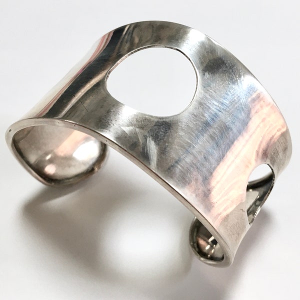 Sterling Modernist Cutout Cuff Bracelet – Wide Heavy Solid Silver – Sleek Shiny Minimalist Mexico Vintage Handmade  – 1970s