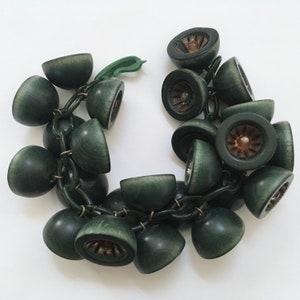 Green Wood Bell Charms Bracelet Celluloid Chain Chunky Cha Cha Early Unsigned Miriam Haskell 1940s image 1