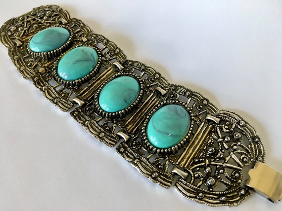 Wide Ornate Vintage Panel Link Bracelet – Big Blu… - image 4