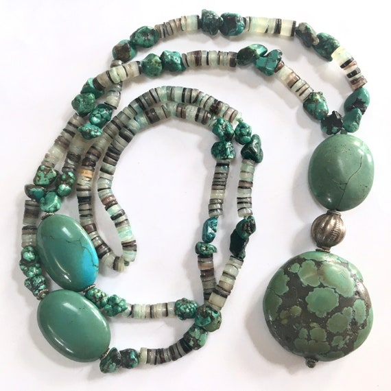 Green Matrix Stone Pendant Necklace – Long Heishi 