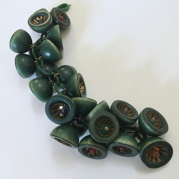 Green Wood Bell Charms Bracelet – Celluloid Chain… - image 5