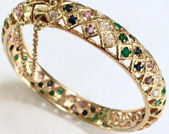 Jeweled Gold Plated Moghul Hinged Bangle Bracelet – India Green Red Sapphire Blue & Clear Stones – 1980s