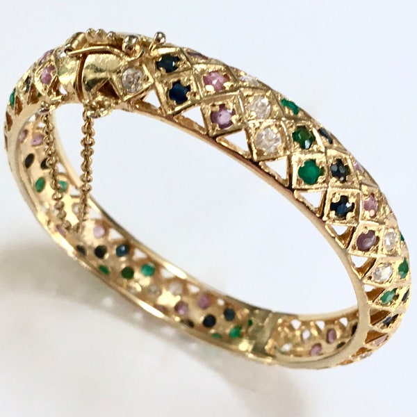 Jeweled Gold Plated Moghul Hinged Bangle Bracelet – India Green Red Sapphire Blue & Clear Stones – 1980s