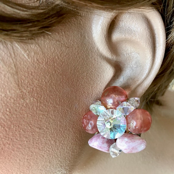 Pink Crystal Art Glass Cluster Clip On Earrings –… - image 5