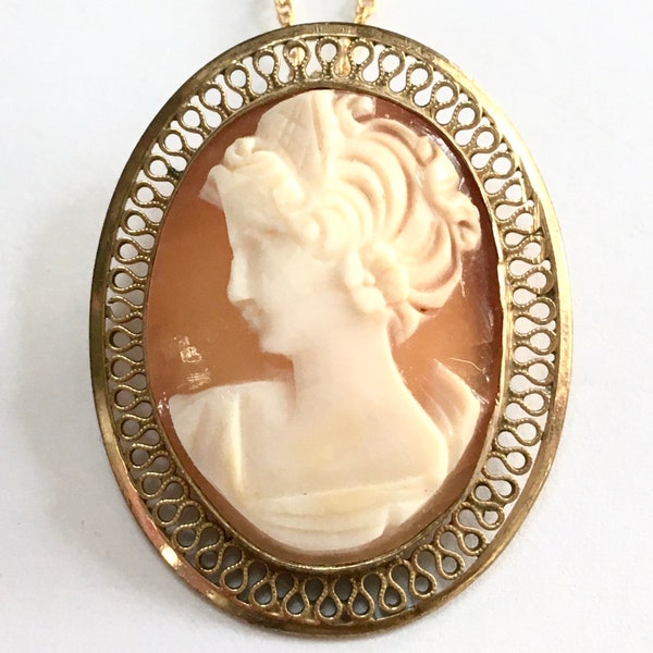 Winard Gold Filled Cameo Pendant Brooch – Left Facing Carved Lady Profile Shell Filigree & Chain – 12K GF – 1950s