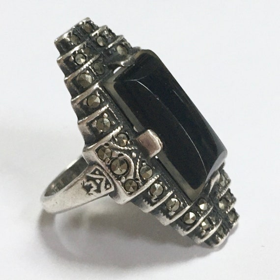 Art Deco Black Onyx & Marcasite Sterling Silver R… - image 5