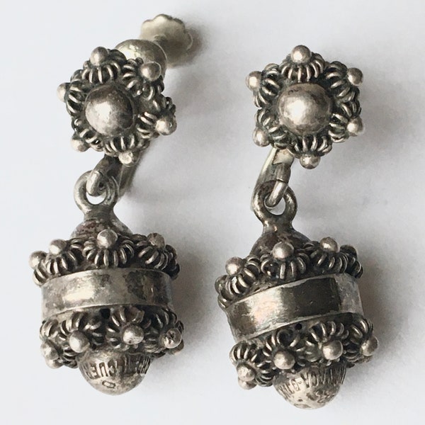 Cannetille Sterling Silver Screwback Dangle Earrings – Early Eagle Essay Mark – Cuernavaca Mexico R.D. Signed Rafael Dominguez – 1940s