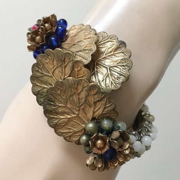 Miriam Haskell – AS IS Beaded Glass Brass Leaves Wrap Bracelet – Needs TLC! – Missing Beads – Floral Corsage Antique Jewelry – 1930s