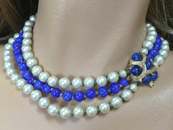 MARVELLA Faux Pearl & Blue Lapis Art Glass Bead N… - image 5