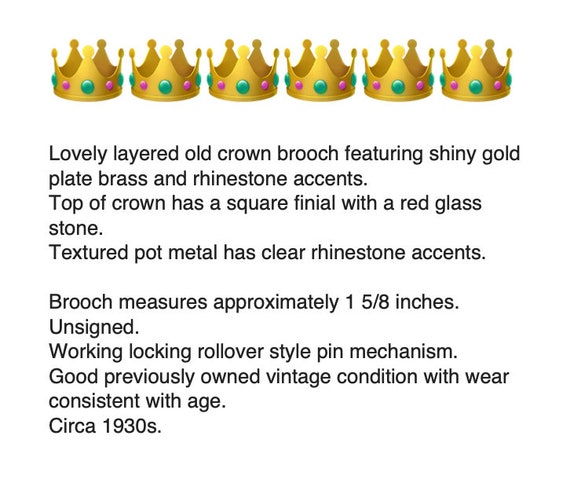 Art Deco Coronation Crown Brooch – Pot Metal & Br… - image 2