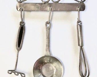 Sterling Silver Mexico Dangle Brooch – Chef Kitchen Tools – Frying Pan Whisk Masher Figural Charms – A.H.D. – 1980s