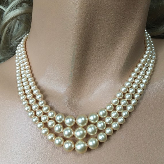 Old Faux Pearls Three Strand Necklace – Lightweig… - image 1