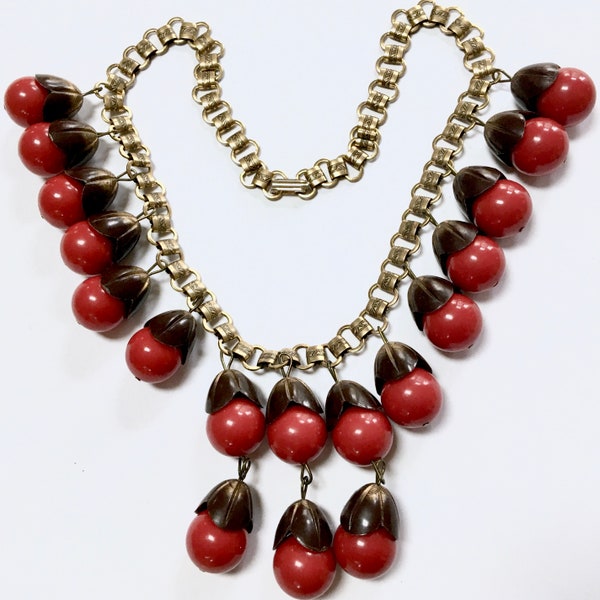 Cherry Red Fringe Choker – Brass Bookchain Beaded Berry Drop Dangles – Waterfall Necklace – 1940s Style