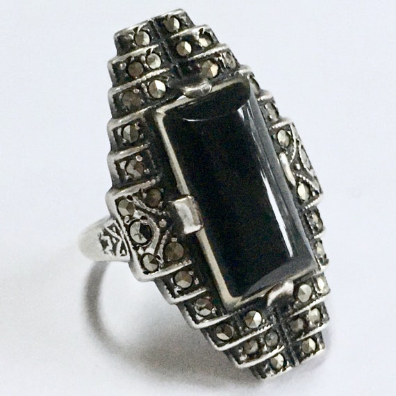 Art Deco Black Onyx & Marcasite Sterling Silver R… - image 6