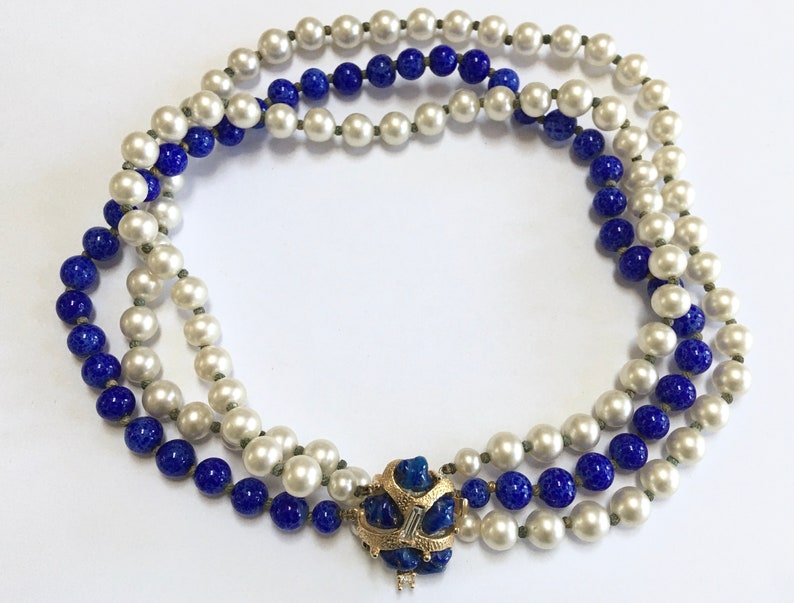 MARVELLA Faux Pearl & Lapis Bead Necklace Three Strands Etsy