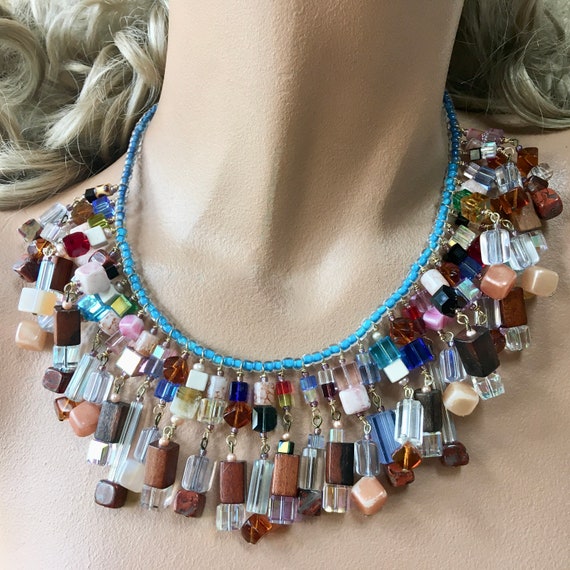 Colorful Crystal Cubes Wood Fringe Collar Necklac… - image 1