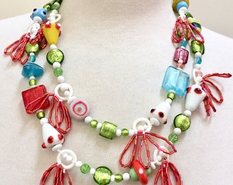 Long Colorful Art Glass Bead Necklace – Unique Lampwork Festive One Of A Kind Artisan Handmade Vintage – 1980s