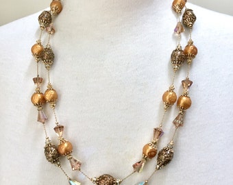 Vendome Double Strand AB Crystal Dimpled Bead Necklace – High End Costume Signed Coro – Mid Century – 1950s