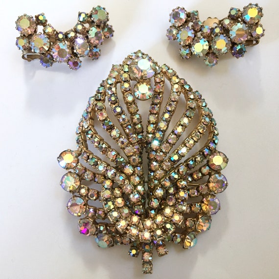 Big Sculptural AB Rhinestone Layered Brooch & Cli… - image 1