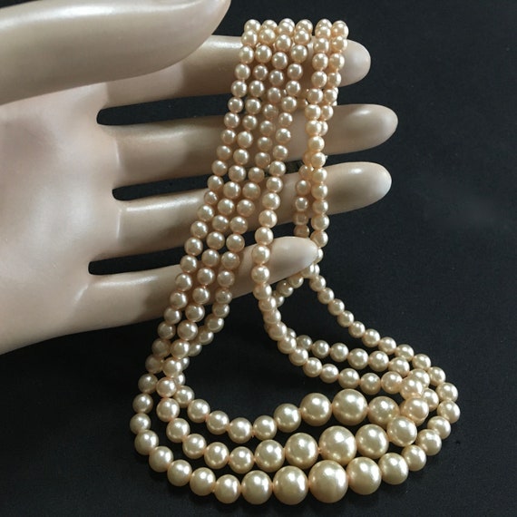 Old Faux Pearls Three Strand Necklace – Lightweig… - image 6