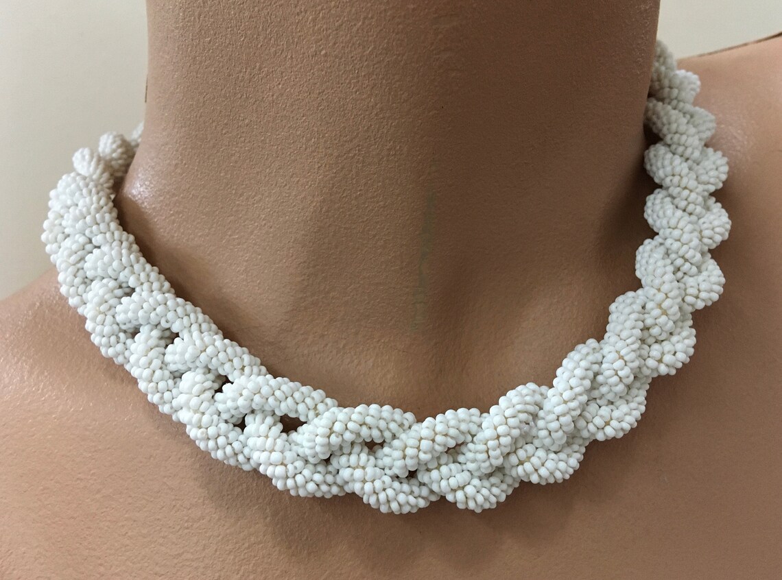 White Seed Bead Braided Rope Choker Necklace Haskell Era Etsy
