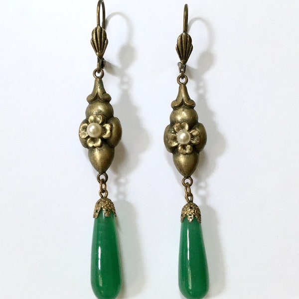 Peking Glass Dangle Earrings – Long Leverback Drops – Floral Stamped Brass & Faux Pearl – 1940s