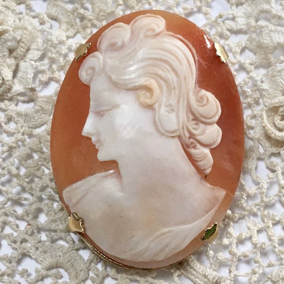 Carved Cameo Shell Portrait Brooch – Left Facing … - image 1