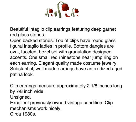 Red Glass Intaglio Dangle Clip On Earrings – Beze… - image 2