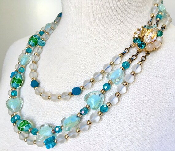 Teal Blue Art Glass Three Strand Necklace – Aqua … - image 4
