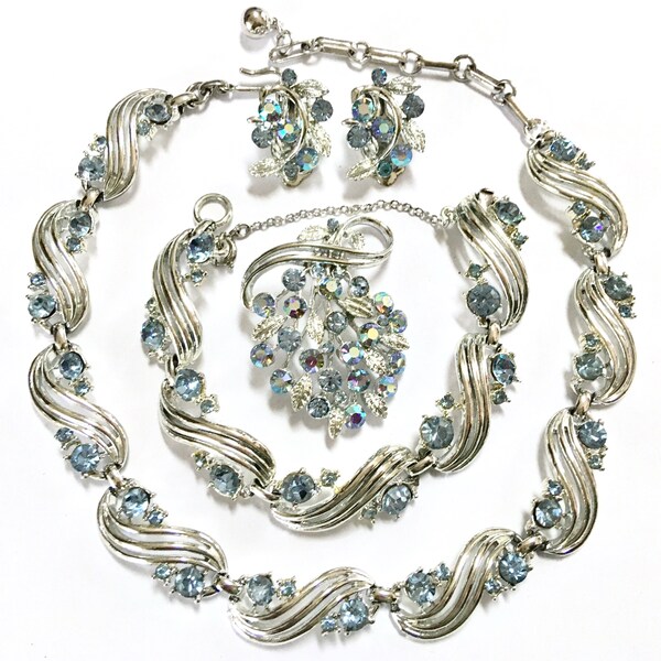 Rhodium Plated Blue Rhinestone Lisner and Coro Jewelry LOT – Linked Choker Necklace & Bracelet Brooch Clip Earrings – 1950s