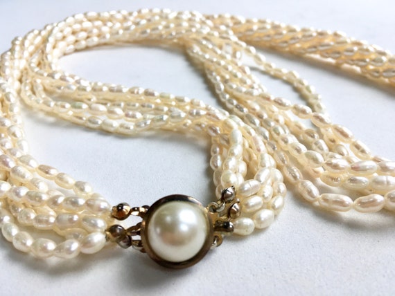 Freshwater Rice Pearl Six Strand Necklace High Luster Sterling Silver Clasp, Onyx Beads