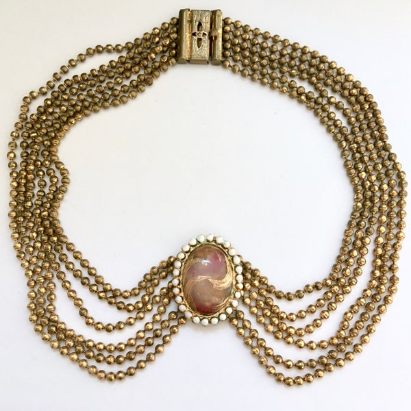 Art Deco Brass Ball Chain Necklace – Antique Multi Strand Festoon Choker – Victorian Revival – 1940s