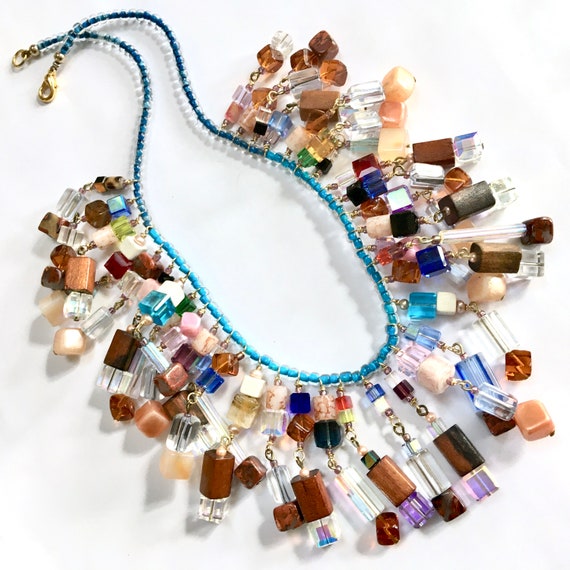 Colorful Crystal Cubes Wood Fringe Collar Necklac… - image 5