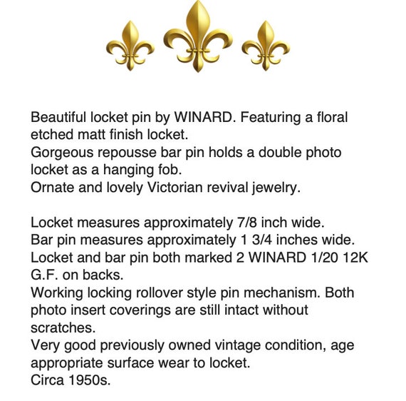 WINARD Gold Filled Locket Lapel Pin – Floral Etch… - image 2