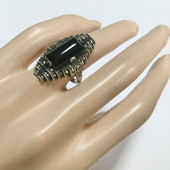 Art Deco Black Onyx & Marcasite Sterling Silver R… - image 3