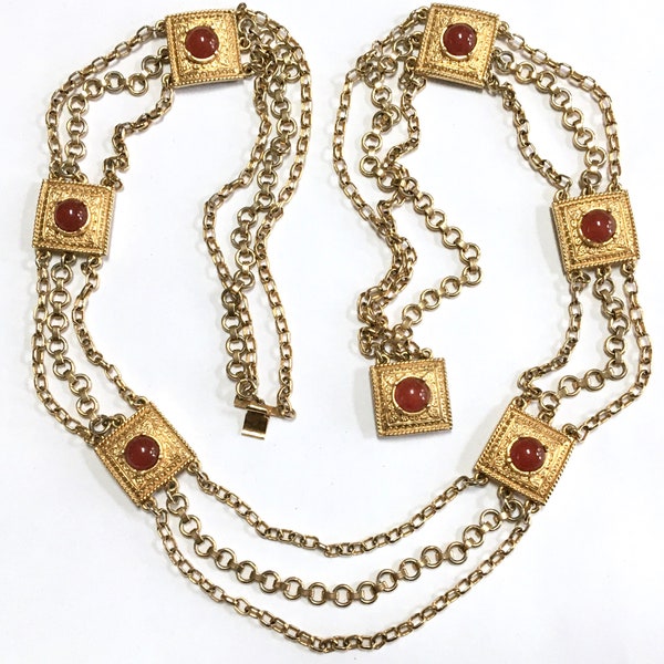 Lucien Piccard Multi Chain Red Glass Carnelian Cabochon Panel Necklace Belt – Designer Signed – 1970s