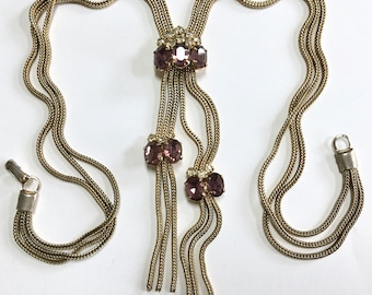 Amethyst Rhinestone Foxtail Tassel Chain Festoon Necklace – Slinky Chains – Lariat – 1950s