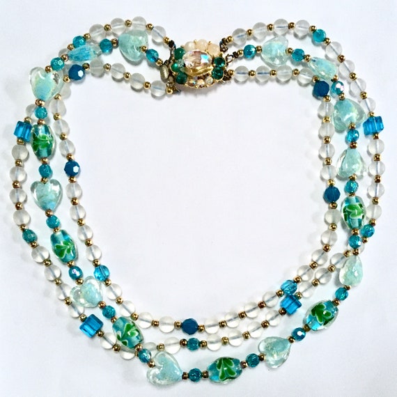Teal Blue Art Glass Three Strand Necklace – Aqua … - image 5