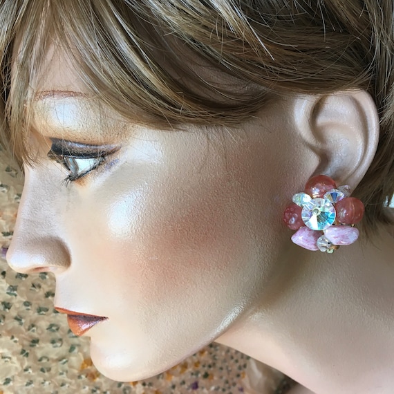 Pink Crystal Art Glass Cluster Clip On Earrings –… - image 4