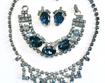 Blue Rhinestone Necklace Bracelet Clip Earrings Set – Sapphire & Sky Blue Rhinestones – 1950s