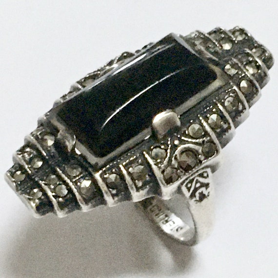 Art Deco Black Onyx & Marcasite Sterling Silver R… - image 7