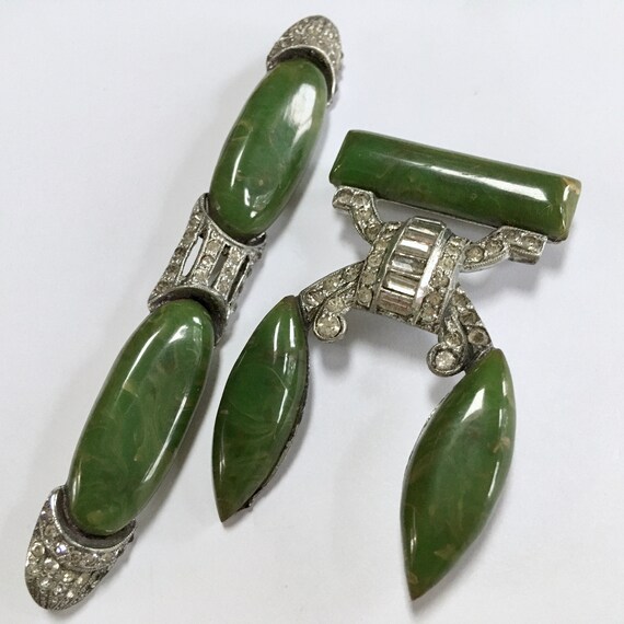 Art Deco Green Marbled Bakelite Pot Metal Bar Pin… - image 4