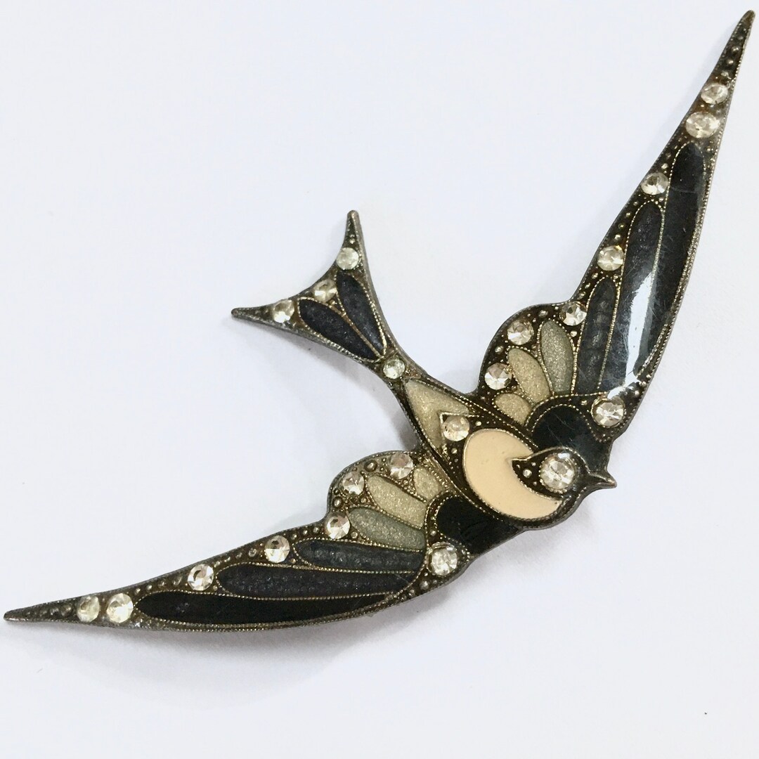 Enamel Swallow Bird Brooch Clear Rhinestones Deco French Trombone Clasp