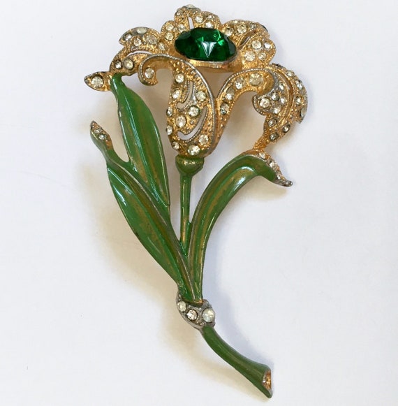 Art Deco Iris Brooch – Pavé Rhinestone & Green Gla